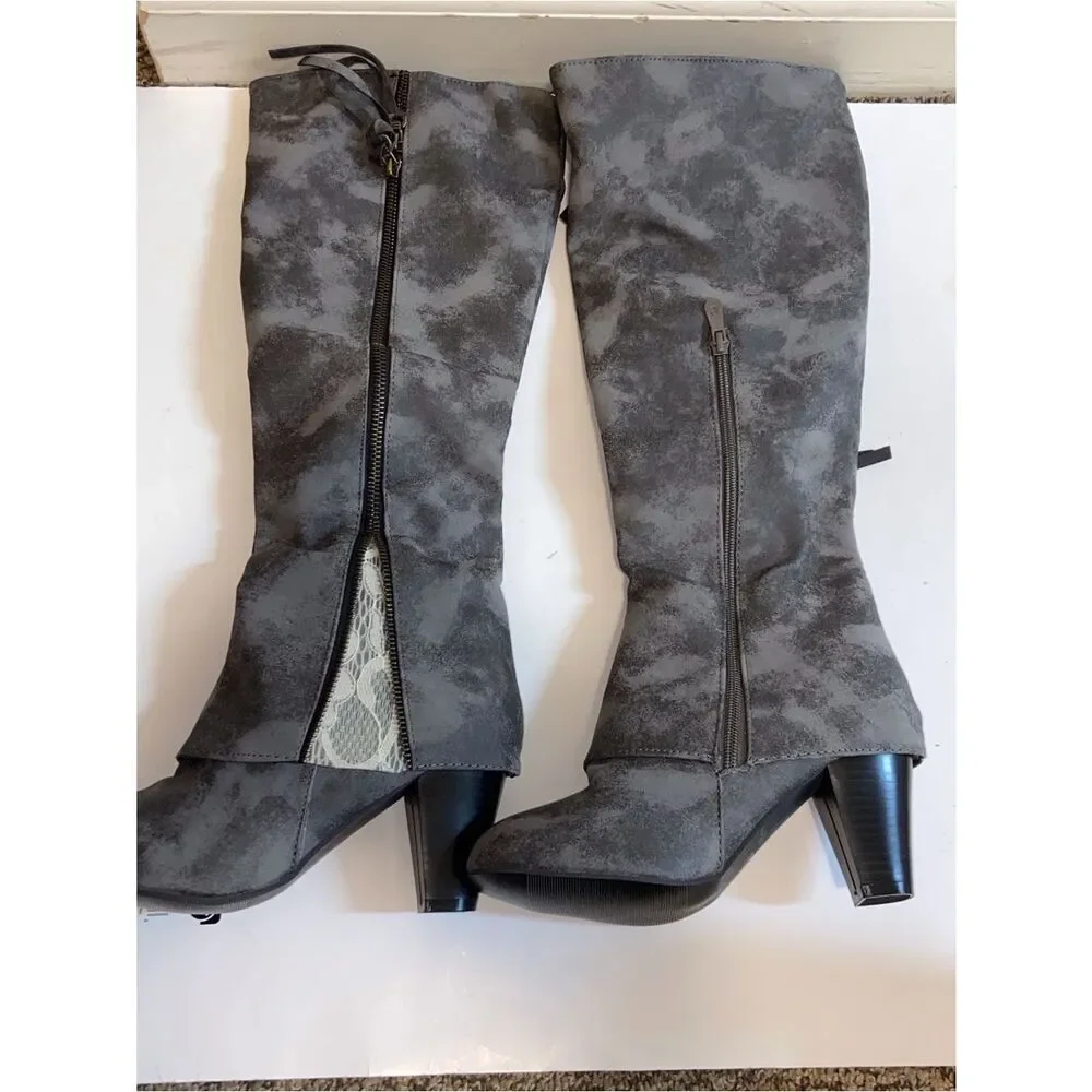 Women's Gray Faux Suede-Look Knee Boots with Side Zipper